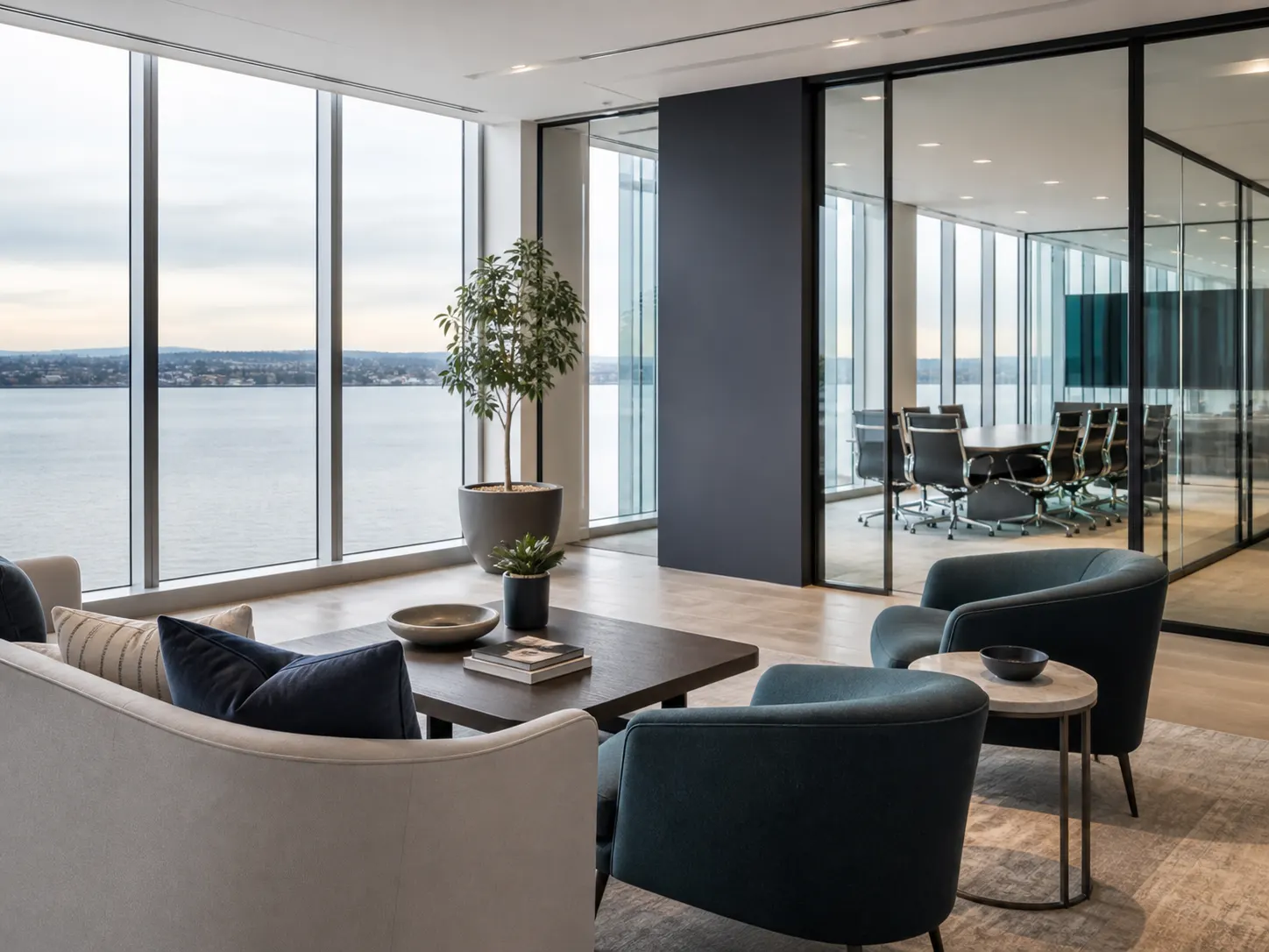 Clean waterfront corporate office lounge in Foster City