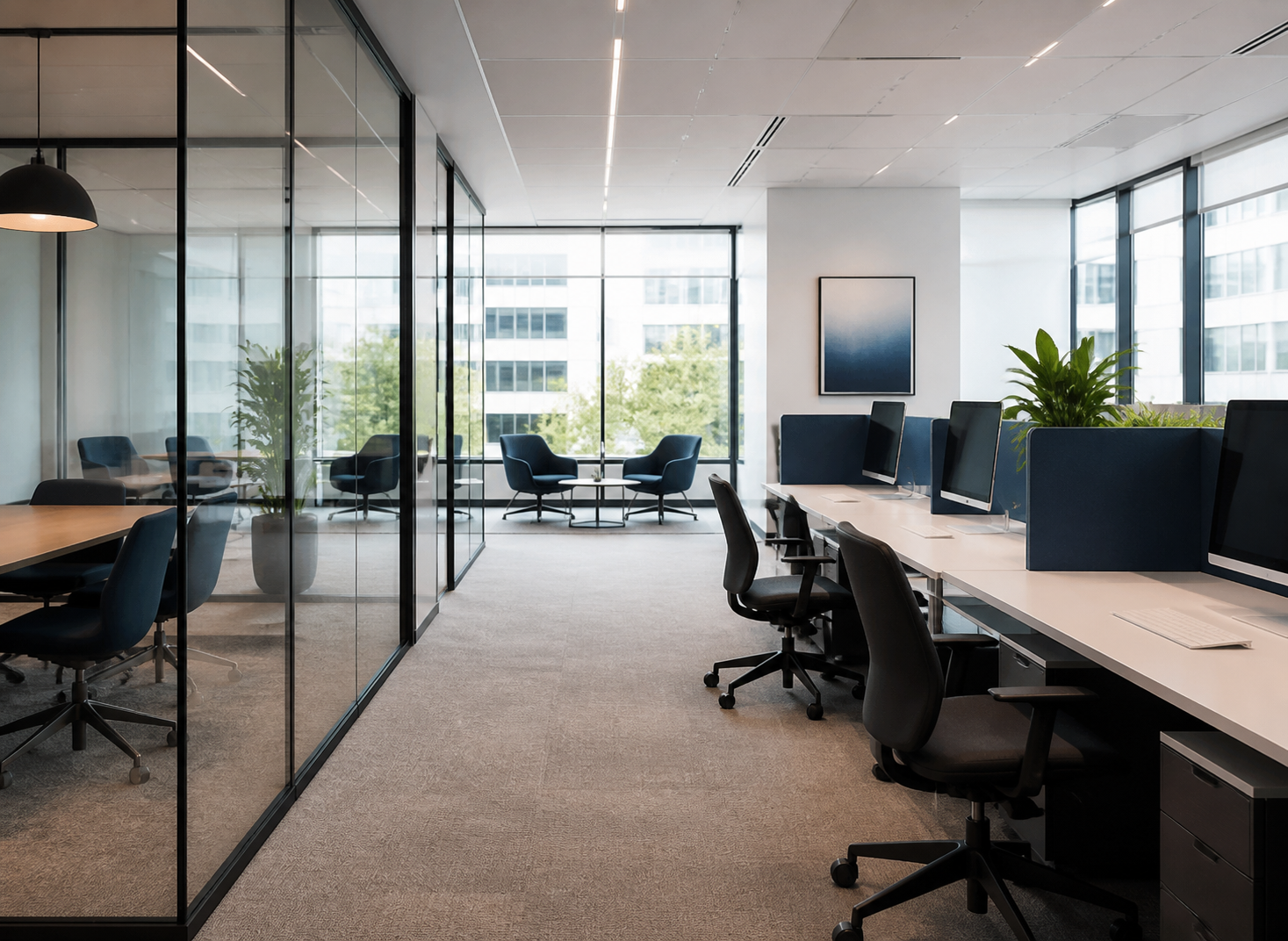 Clean modern office workspace with glass meeting rooms