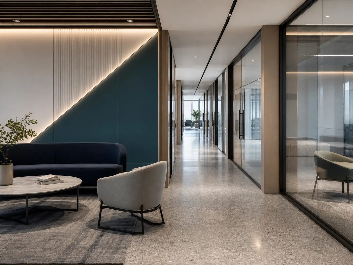 Clean corporate office corridor in San Bruno