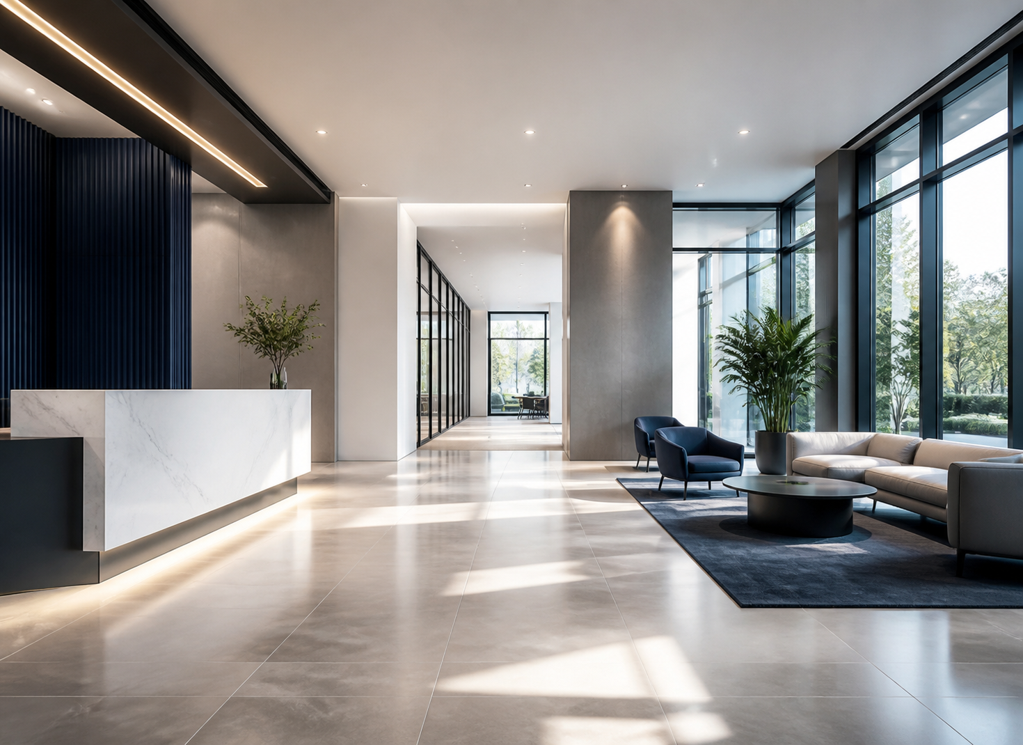 Pristine multi-use commercial building lobby